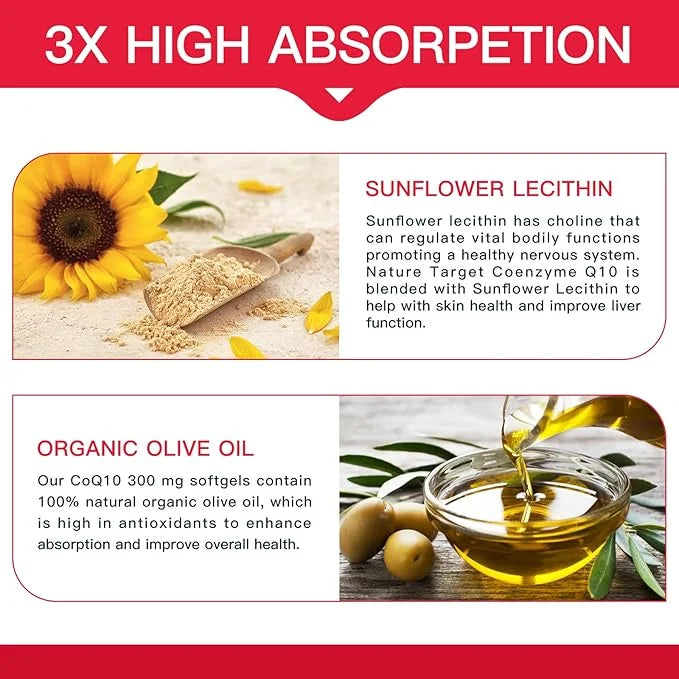 NATURE TARGET CoQ10-300mg-Softgels + PQQ with Organic-Olive-Oil Absorption-Coenzyme-Q10 - 120 Servings