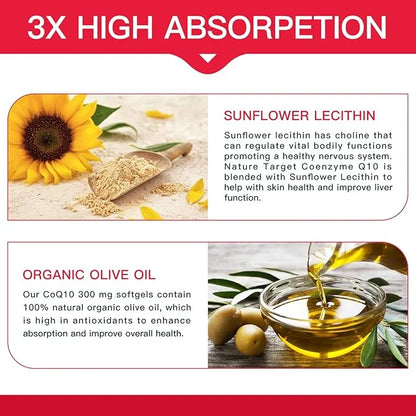 NATURE TARGET CoQ10-300mg-Softgels + PQQ with Organic-Olive-Oil Absorption-Coenzyme-Q10 - 120 Servings