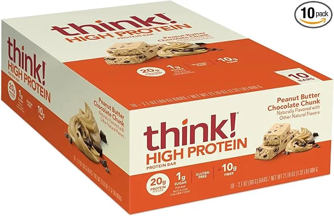 think! Protein Bars, High Protein Snacks, Gluten Free, High Fiber, Peanut Butter Chocolate Chunk, 10 Count - Product Image