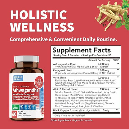 Ashwagandha 5000mg Maca Root 2000mg Fenugreek 3000mg Tongkat 60 Vegan
