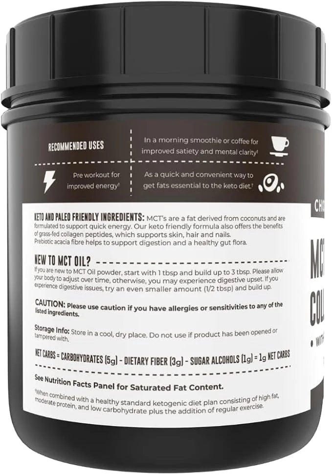 Keto MCT Oil Powder + Collagen + Prebiotic Acacia Fiber, Chocolate Flavor, 16oz. MCT Oil Powder from Coconuts. Grass Fed C...