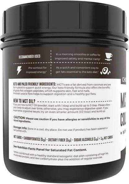 Keto MCT Oil Powder + Collagen + Prebiotic Acacia Fiber, Chocolate Flavor, 16oz. MCT Oil Powder from Coconuts. Grass Fed C...