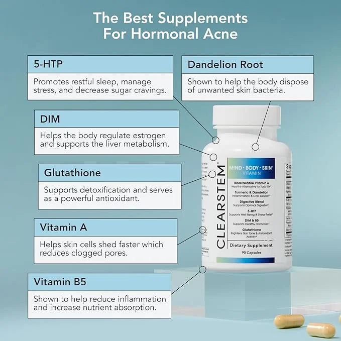 CLEARSTEM - MINDBODYSKIN Hormonal Acne Supplement (5-HTP) - Natural DIM Supplement - Skin Care Vitamins - Hormone Balance,...