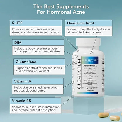 CLEARSTEM - MINDBODYSKIN Hormonal Acne Supplement (5-HTP) - Natural DIM Supplement - Skin Care Vitamins - Hormone Balance,...