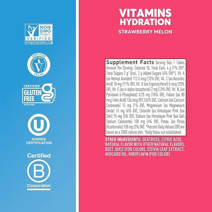 Nuun Hydration Vitamins Electrolyte Tablets, Strawberry Melon, 5 Essential Electrolytes for Hydration + Vitamin A, B6, C, ...