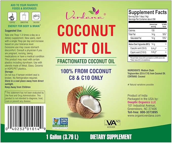Verdana MCT Oil, Fractionated, 100% from Coconut - 1 Gallon - Kosher Food Grade, Vegan, Non-GMO - Great for Keto and Paleo...