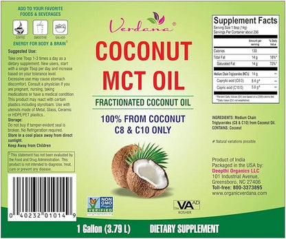 Verdana MCT Oil, Fractionated, 100% from Coconut - 1 Gallon - Kosher Food Grade, Vegan, Non-GMO - Great for Keto and Paleo...