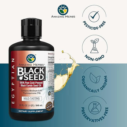 Amazing Herbs Egyptian Black Seed Oil - Gluten Free, Non GMO, Cold Pressed Nigella Sativa Aids in Digestive Health, Immune...