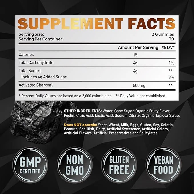 Activated Charcoal Gummies for Kids, 500mg Chewable Activated Charcoal Supplement for Gas Relief, Detox, Digestive and Ora...