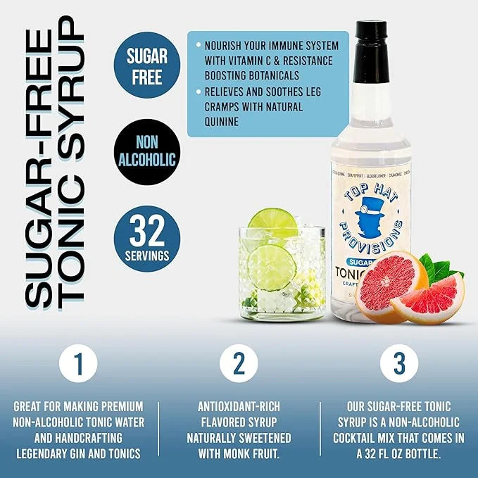 Top Hat Keto Sugar Free Tonic Syrup - 5x Diet Tonic Water Quinine Concentrate - Organic Monk Fruit - Craft Soda Mixer for ...