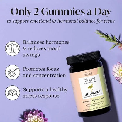 Winged Wellness Teen Queen Multivitamins for Teen Girls - Helps with Mood and Hormonal Health - for Ages 13+, Vegan & Glut...