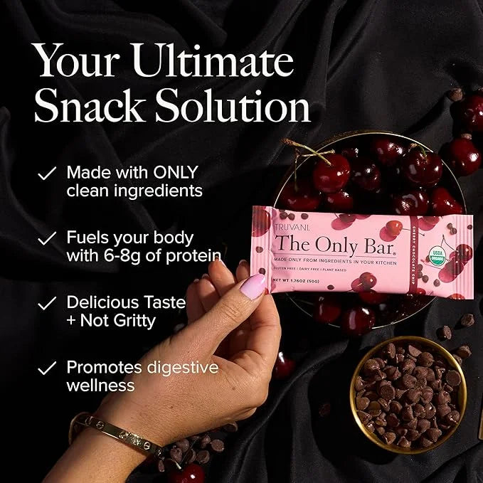 Truvani Plant Based Snack Bars | Cherry Chocolate Chip 1 Pack | 5g Protein | USDA Organic and Vegan | The Only Bar | Dairy...