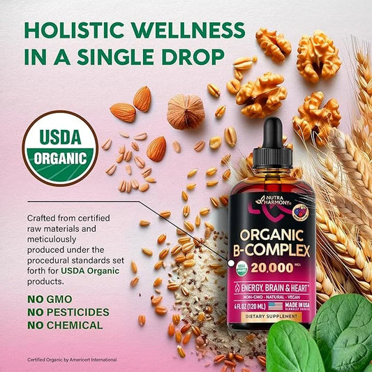 USDA Organic Vitamin B-Complex B5 Pantothenic Acid B12 Methylcobalamin B1 Thiamine B6 Pyridoxine B7 Biotin B9 Folic B3 Nia...