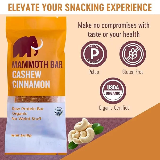 Cashew Cinnamon Bar- Organic, Paleo, Gluten Free and Raw by Mammoth Bar, 10-12g Protein, 1.8 Oz. Bar (10 Bars) … - Product...