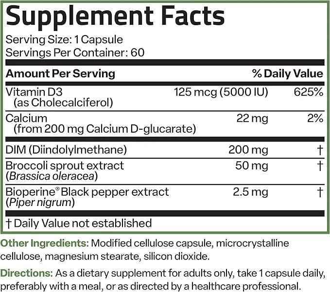Bronson DIM Balance+ Calcium D-Glucarate, Broccoli Sprouts and Vitamin D3 200 MG of DIM per Capsule Supports Estrogen Meta...