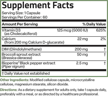 Bronson DIM Balance+ Calcium D-Glucarate, Broccoli Sprouts and Vitamin D3 200 MG of DIM per Capsule Supports Estrogen Meta...