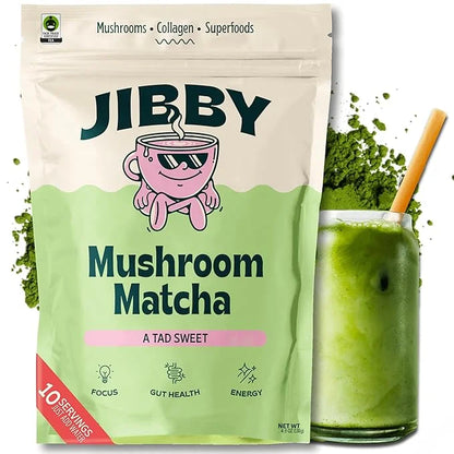 JIBBY Mushroom Matcha Super Latte - Ceremonial Grade Green Tea Organic Matcha Powder, Collagen, MCT Oil, Superfood Mushroo...