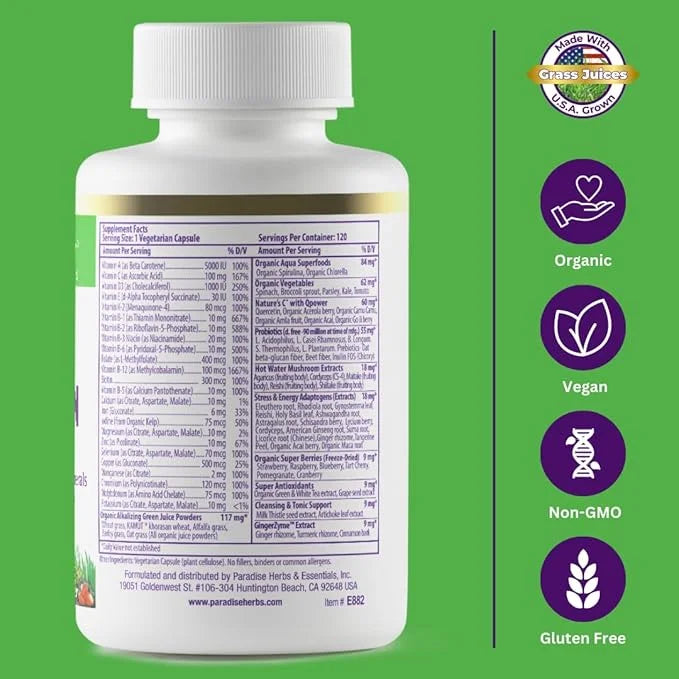 Paradise Herbs Earth's Blend Women's Once Daily Multivitamin with Iron, 48 Organic Superfoods, Probiotics, Antioxidants, V...
