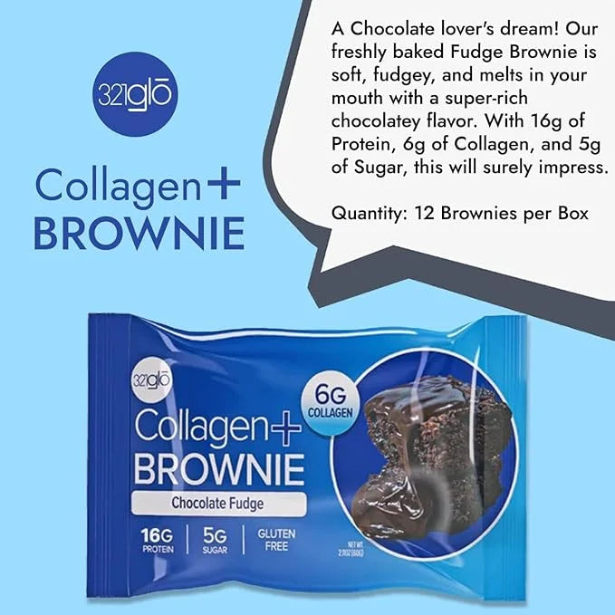 321glo Collagen Protein Brownie | Gluten Free, Low Sugar | Keto Snack for Women, Men, & Kids | 16g Protein, 6g Collagen | ...