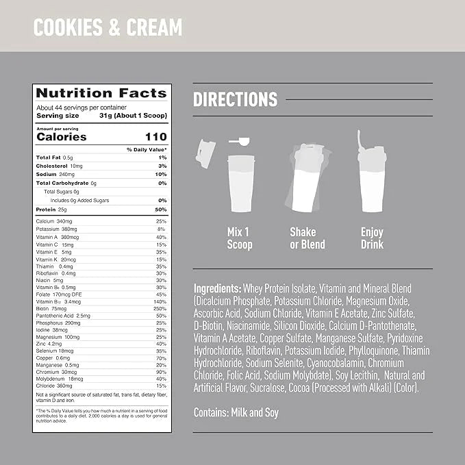 Isopure Zero Carb 100% Pure Whey Isolate Protein Powder, Lactose Free, Gluten Free, With Vitamins, Cookies & Cream, 25g Pr...
