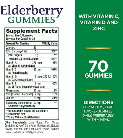 Nature's Bounty Elderberry Gummies, Dietary Supplement, 100 mg, 70 Gummies