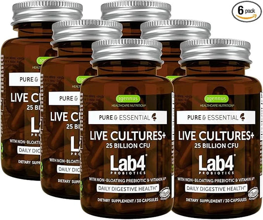 Live Cultures+ Lab4 Probiotics & Prebiotic, 25 Billion 6 x 30 Capsules,