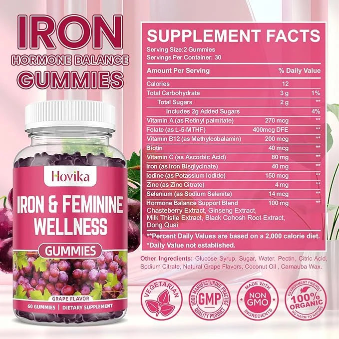 Iron for Women Gummies, 40mg Iron Supplement Anemia with multivitamin for Women, Zinc, Selenium, Iodine - for Iron Deficie...