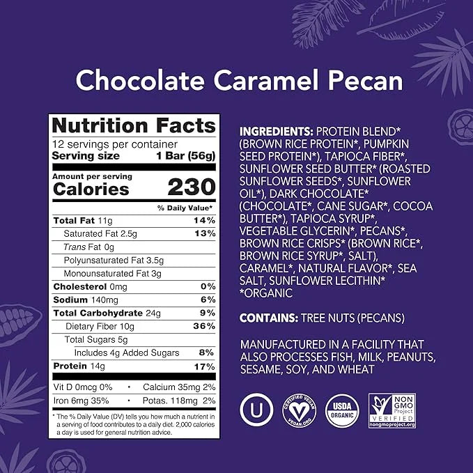 ALOHA Organic Plant Based Protein Bars | Chocolate Caramel Pecan | 12 Count, 1.98oz Bars | Vegan, Low Sugar, Gluten Free, ...