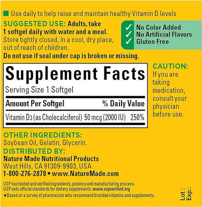 Nature Made Vitamin D3 2000 IU (50 mcg), 90 Softgels, 90 Day