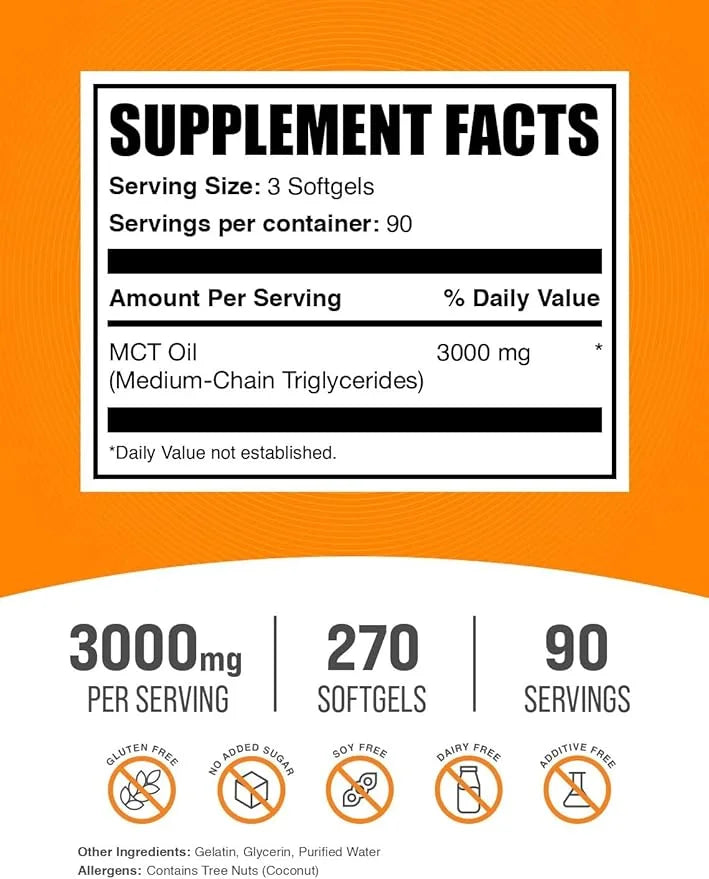 BulkSupplements.com MCT Oil Softgels - Medium Chain Triglyceride, MCT Supplement, MCT Oil 3000mg - for Energy Support, Glu...