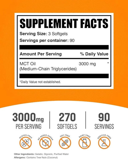 BulkSupplements.com MCT Oil Softgels - Medium Chain Triglyceride, MCT Supplement, MCT Oil 3000mg - for Energy Support, Glu...