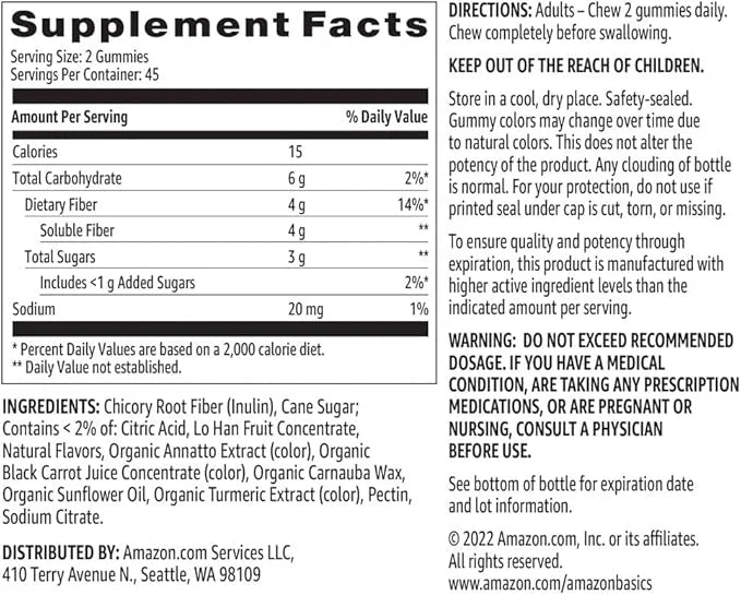 Amazon Basics (previously Solimo) Fiber 4g Gummy 90 Gummies (2 per