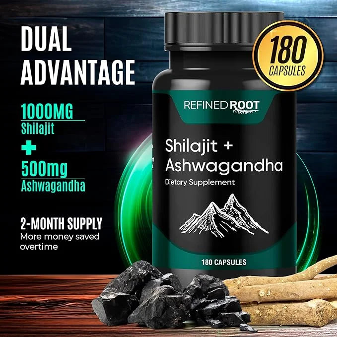 Shilajit Supplement 1000mg & Ashwagandha Supplements 500mg (180 (180 Capsules) (20% Fulvic