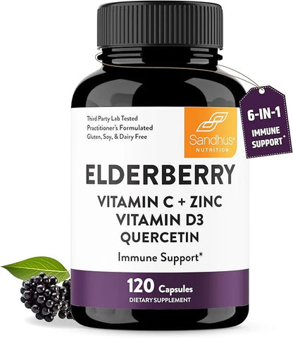 Elderberry Vitamin C and Zinc 120 Capsules | with Quercetin and Vitamin D3 | Immune Support for Adults | Herbal Supplement...