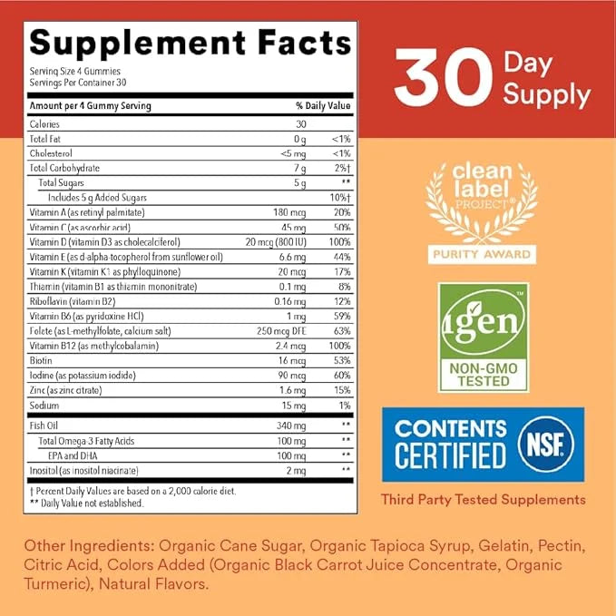 SmartyPants Kids Multivitamin Gummies: Omega 3 D3, C, B12, B6, B6, Vitamin 120 Count (30 Day