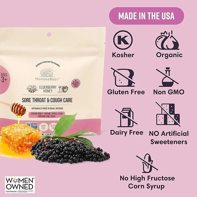 MommaBear Organics Handcrafted Kids Cough Lollipops – Natural Sore Throat Relief & Cough Drop Suckers for Kids 3+ – Elderb...