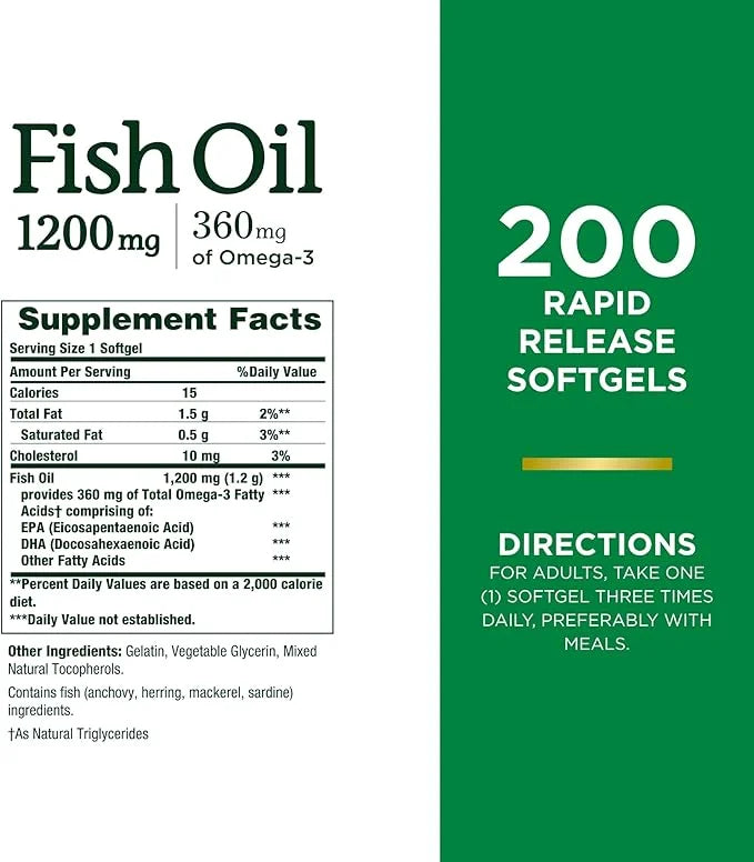 Nature's Bounty Fish Oil, Supports Heart 1200 Mg, 360 Mg Omega-3, Rapid 200 Ct