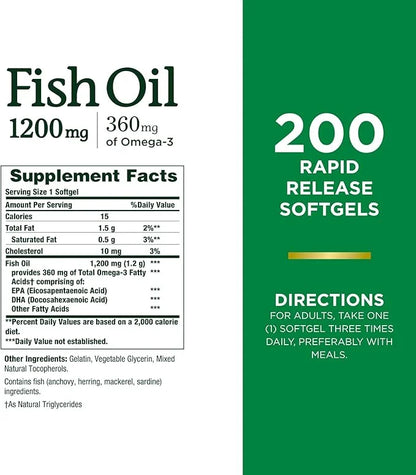 Nature's Bounty Fish Oil, Supports Heart 1200 Mg, 360 Mg Omega-3, Rapid 200 Ct