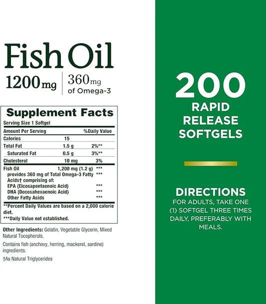 Nature's Bounty Fish Oil, Supports Heart 1200 Mg, 360 Mg Omega-3, Rapid 200 Ct