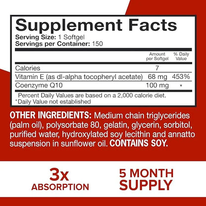 Qunol Ultra CoQ10 100mg Softgels- 3X Q10 Supplements 5 Month 150 Count