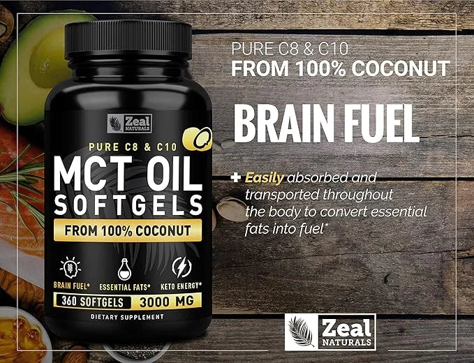 Pure MCT Oil Capsules (360 Softgels | 3000mg) 4 Month Supply Keto Pills w Unrefined Coconut - C10 & C8 Brain Fuel, Energy,...