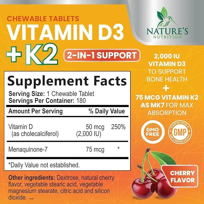 Vitamin D3 K2 as MK-7 2000iu of D3 & 75mcg K2, K2, Vitamin K2 D3 D3 Bone 180 Chewable