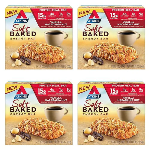 Atkins Soft Baked Energy Bars, Vanilla Macadamia Nut, 15g Protein, 1g Sugar, Excellent Source of Fiber, Low Carb, 4 Packs ...