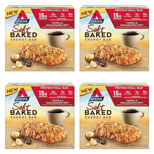 Atkins Soft Baked Energy Bars, Vanilla Macadamia Nut, 15g Protein, 1g Sugar, Excellent Source of Fiber, Low Carb, 4 Packs ...