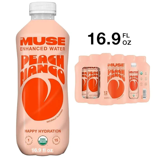 MyMuse Organic Enhanced Flavored Water, Peach Mango, 16.9oz Bottle (12 Pack), Zero Sugar Added, With Zinc, Vitamin A, C & ...
