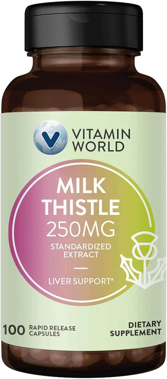 Vitamin World Milk Thistle (Silymarin) Standardized 250mg 100 100 Capsules,
