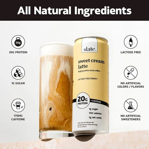 Slate Milk - High Protein Iced Coffee - Sweet Cream Latte - 175mg Caffeine, Lactose Free Energy - 20g Protein, 1g Sugar, 1...