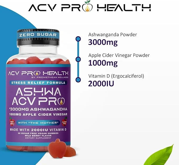 Ashwa ACV Pro Health - Sugar Free Apple Cider Vinegar Gummies, Ashwagandha Gummies, Advanced Keto ACV Gummies, Ashwagandha...