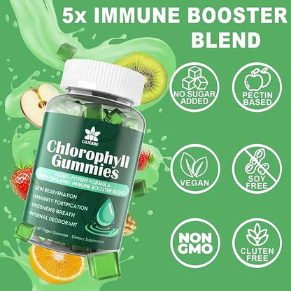 Sugar Free Chlorophyll Gummies - with Unfiltered ACV, Sea Moss & Elderberry, Echinacea, Vitamin D3, C, E, B12 - Natural De...