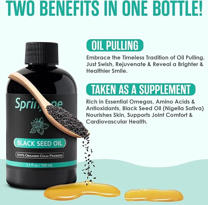SprinJene Natural® 100% Pure Organic Black Seed Oil Cold Pressed for Oral Wellness, Nigella Sativa Black Seed Oil, Black C...